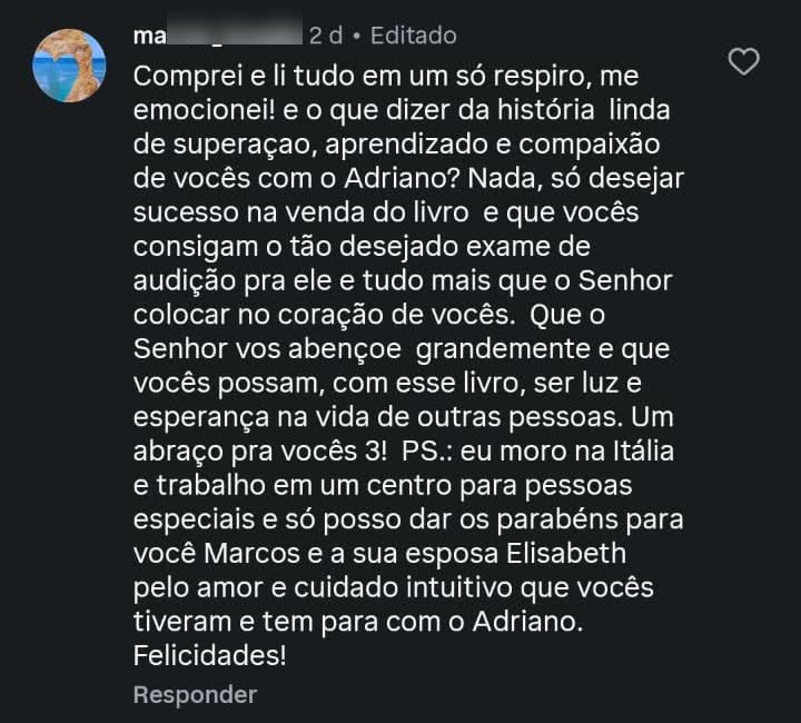 marcia_brasile: Comprei e li tudo em um só respiro.
      Moro na Itália e trabalho em um centro para pessoas especiais.